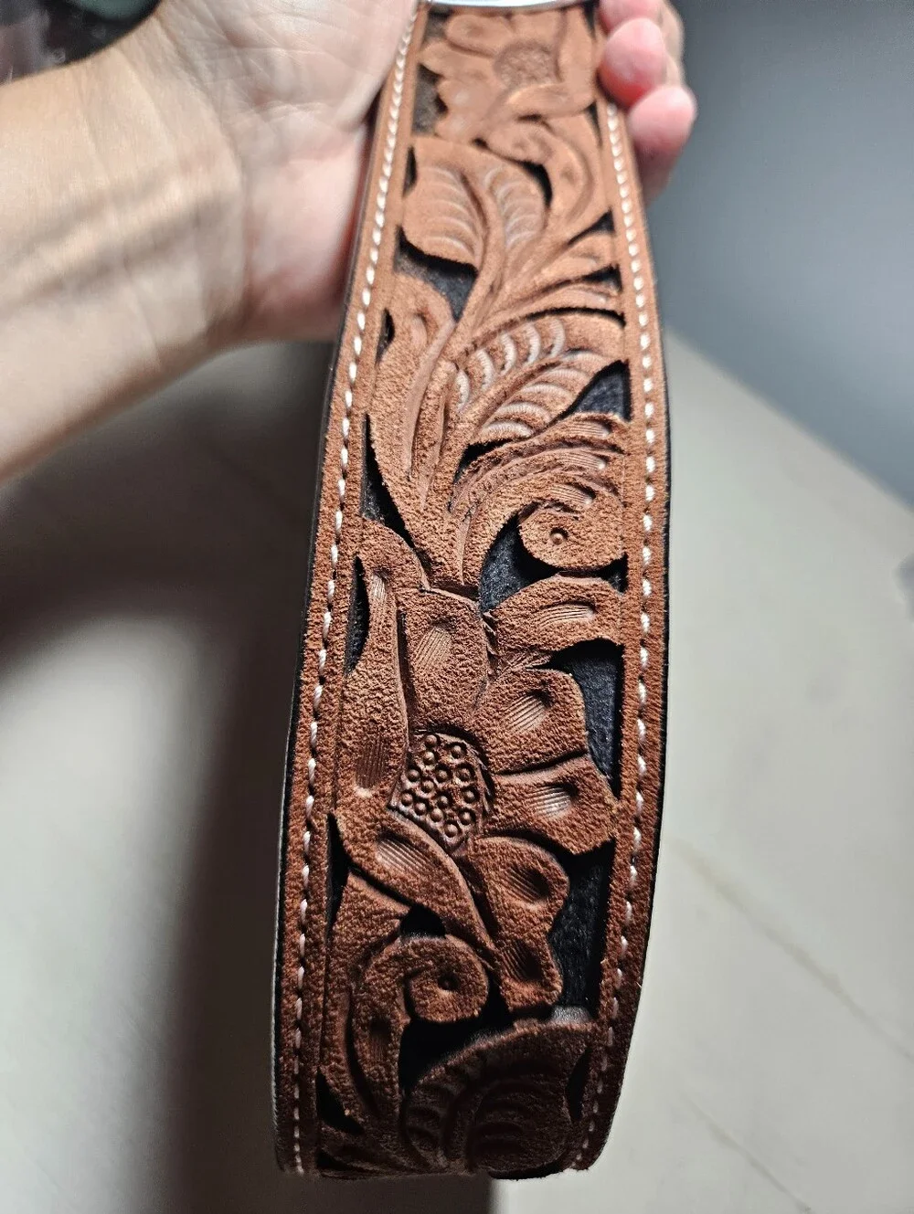 3D Belt Co. Men's Floral Tooled Buckstitch Leather Western Belt - NWOT Size 38
